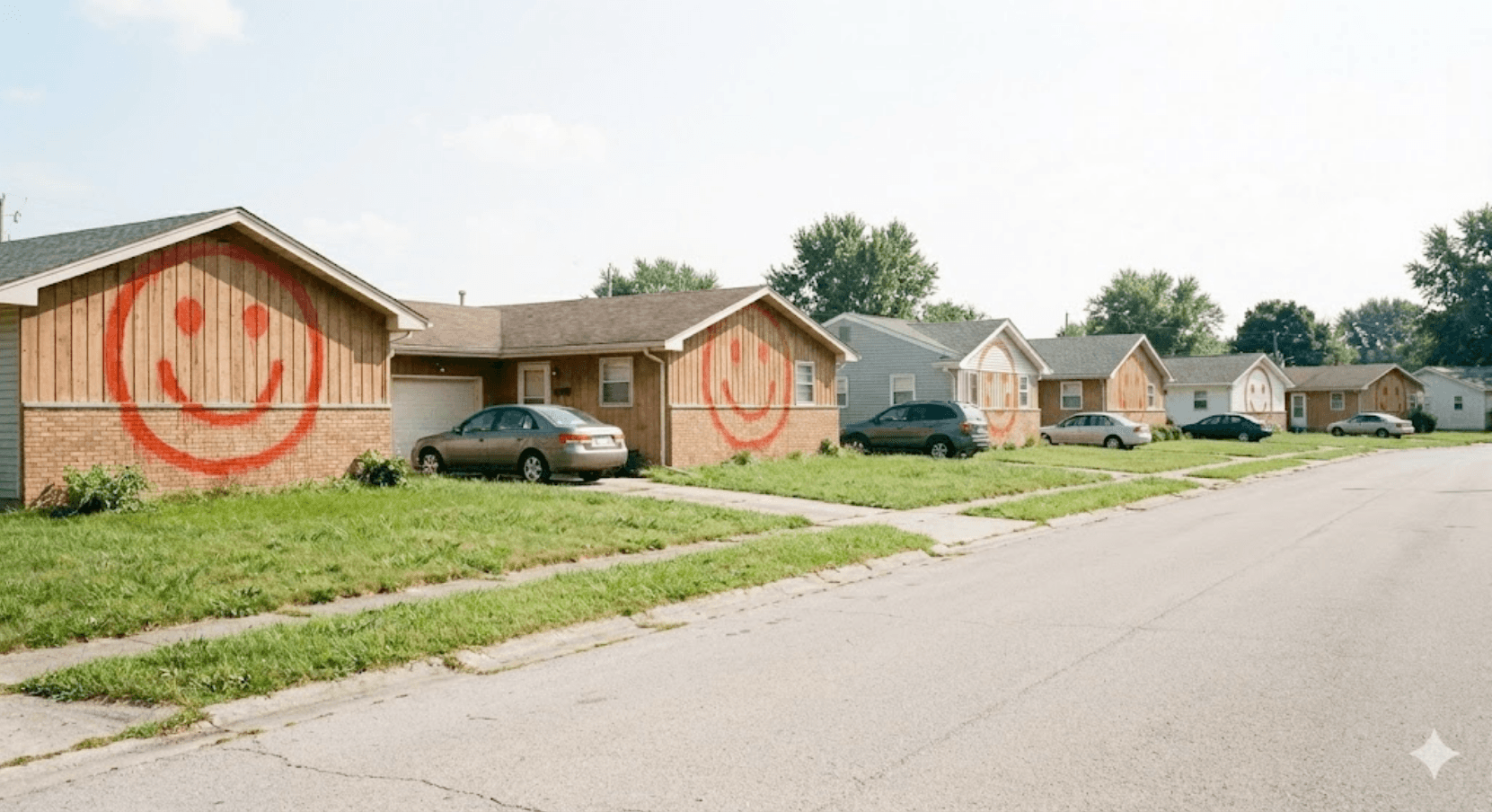 A row of identical suburban houses each with a red smiley face painted on the front, illustrating the essay's opening analogy about copyright and independent creation